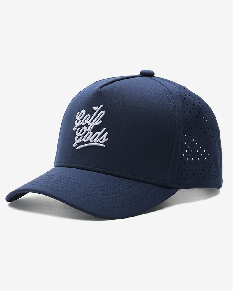 TOUR PRO Golf Gods Script Golf Hat in Navy Blue with Curved Brim
