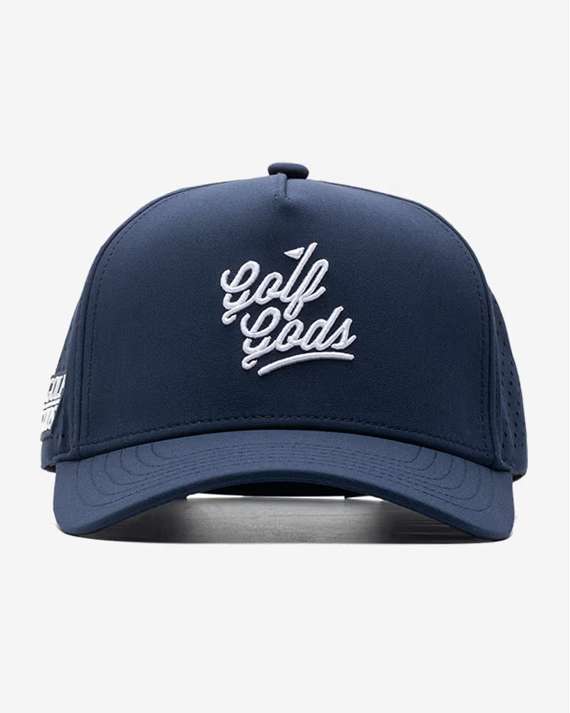 TOUR PRO Golf Gods Script Golf Hat in Navy Blue with Curved Brim