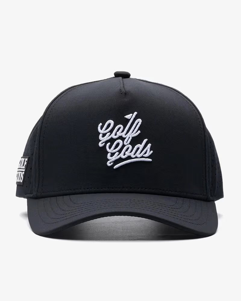TOUR PRO Golf Gods Script Golf Hat in Black with Curved Brim
